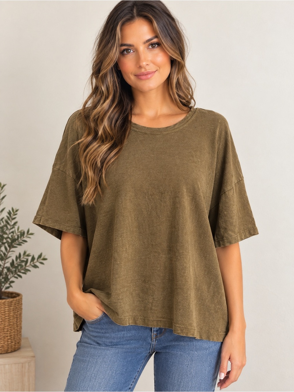 Made in Italy Linen Olive Relaxed Crewneck T-Shirt - Women